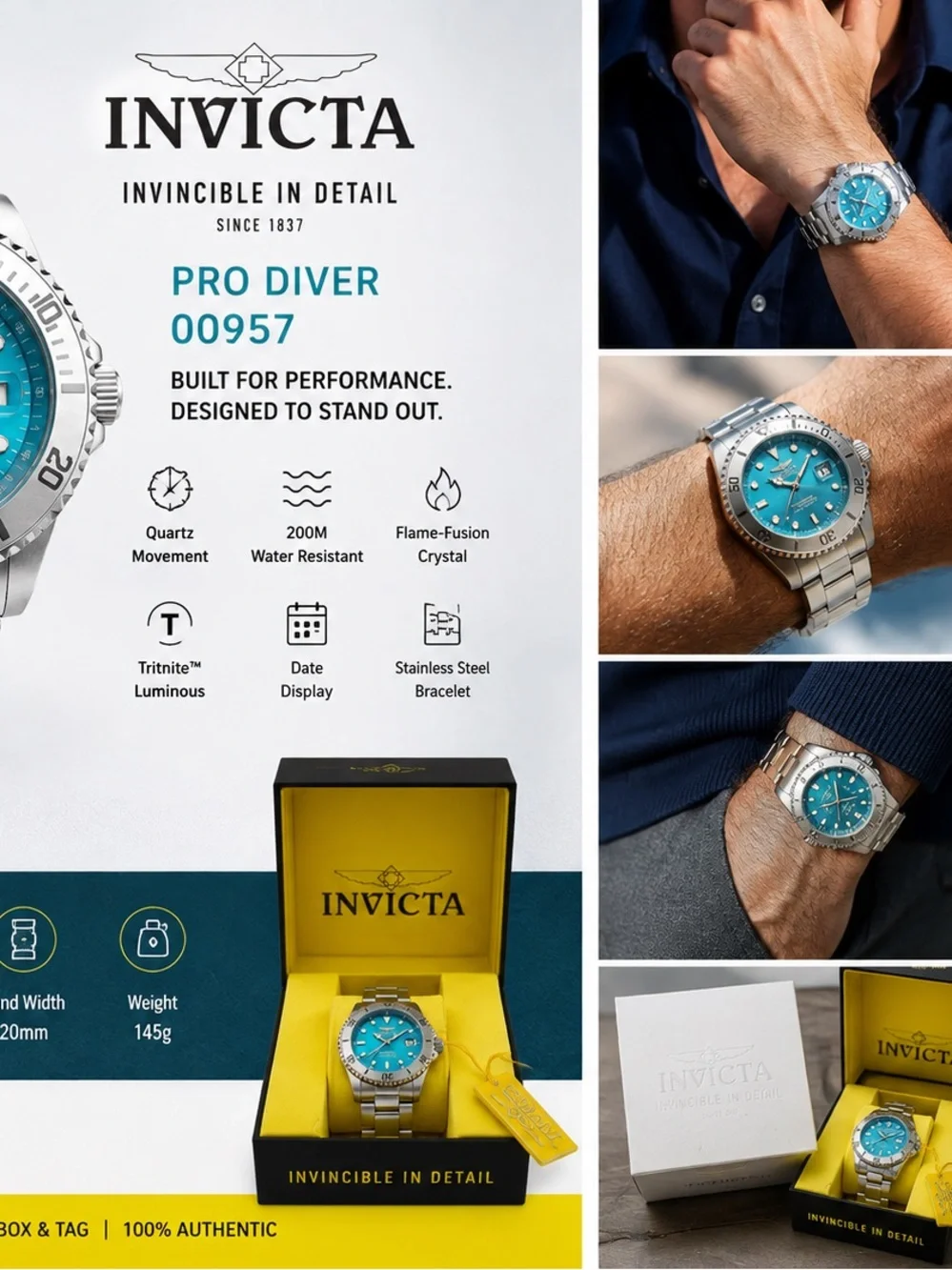 Invicta Stainless Steel Watch Turquoise Dial